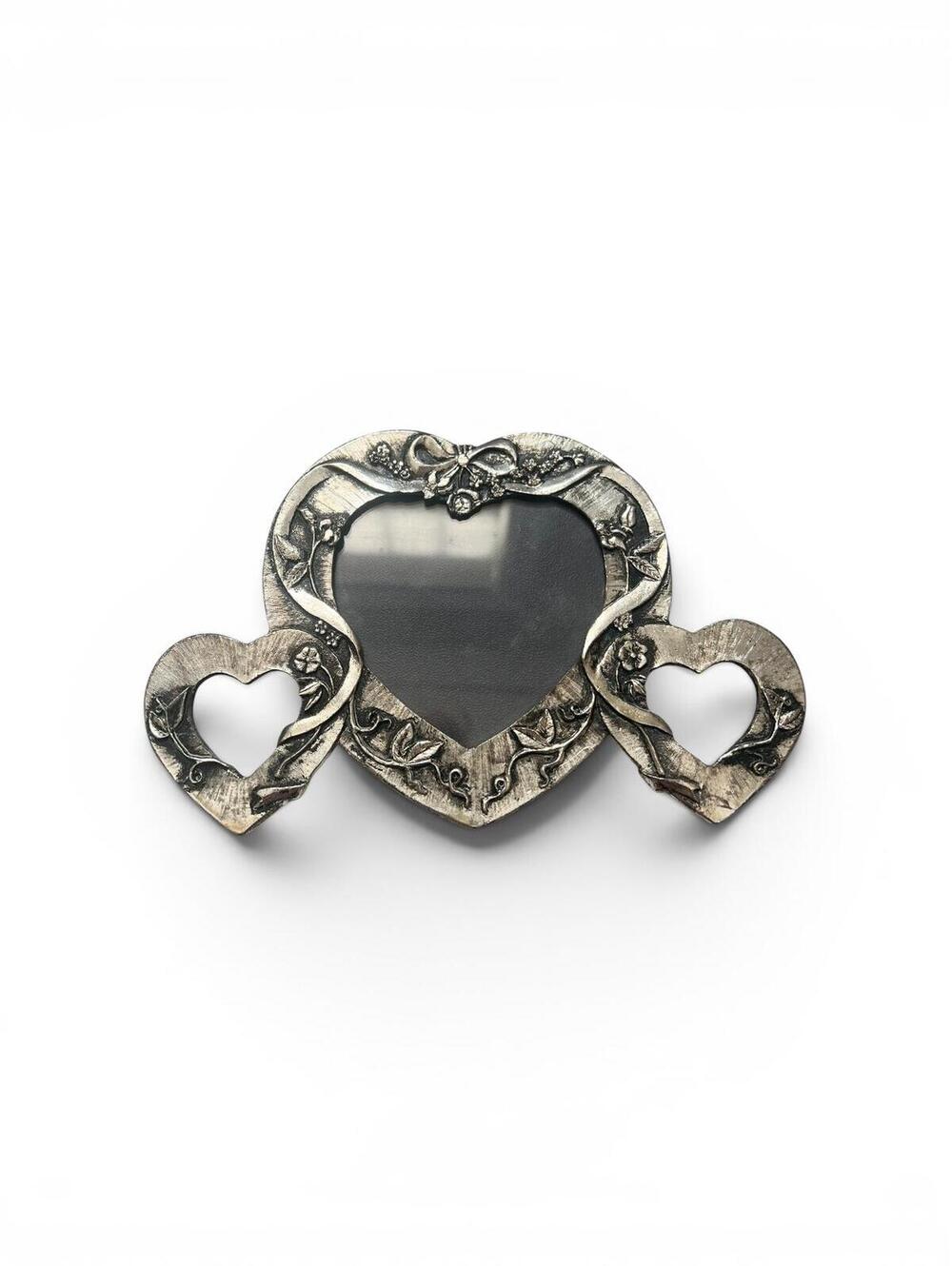 Vintage Pewter Triple Hearts Photo Glass Frame